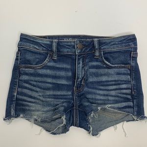 AEO | Dark Denim Jegging Cut Off Distressed Short Shorts | Frayed Cowgirl Fit 4